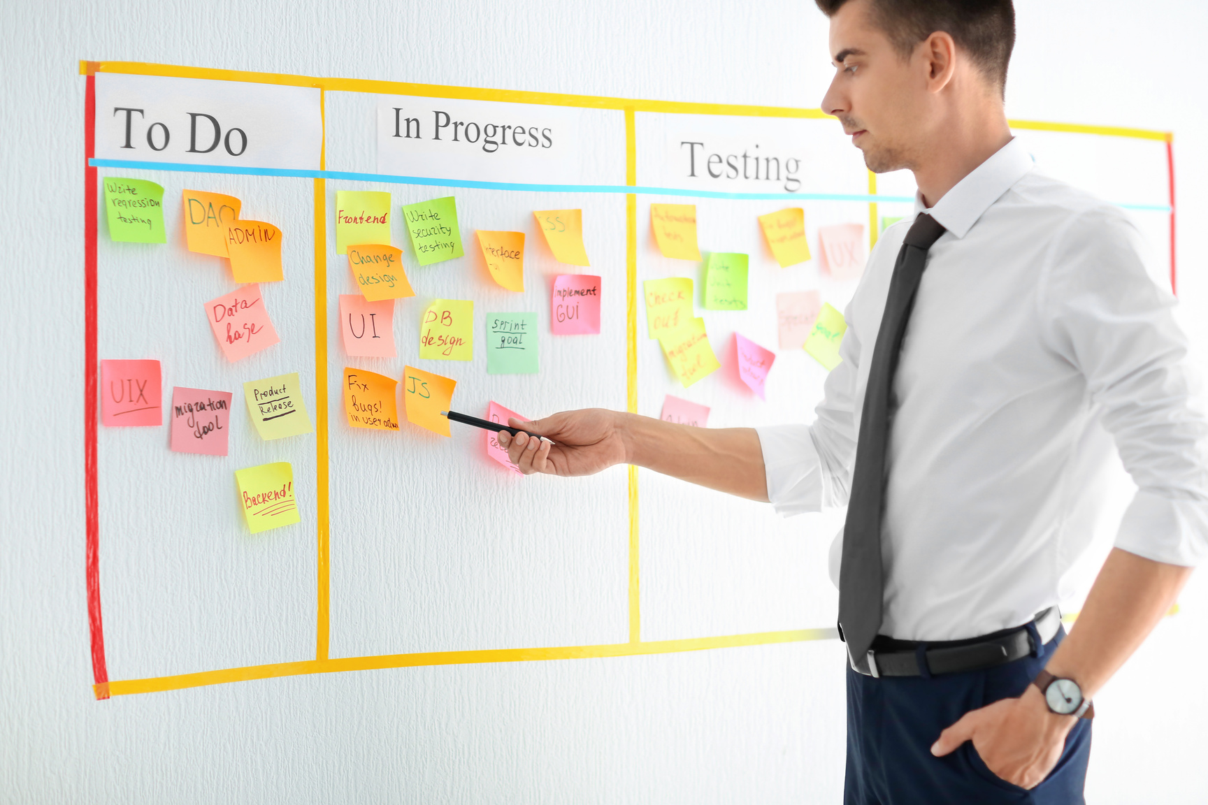 Man near Scrum Task Board with Stickers in Office